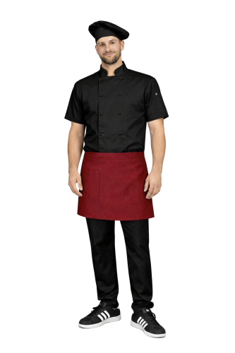 Zestaw z krótkim rękawem – uniform kucharza gastronomicznego czarny z bordowym fartuszkiem