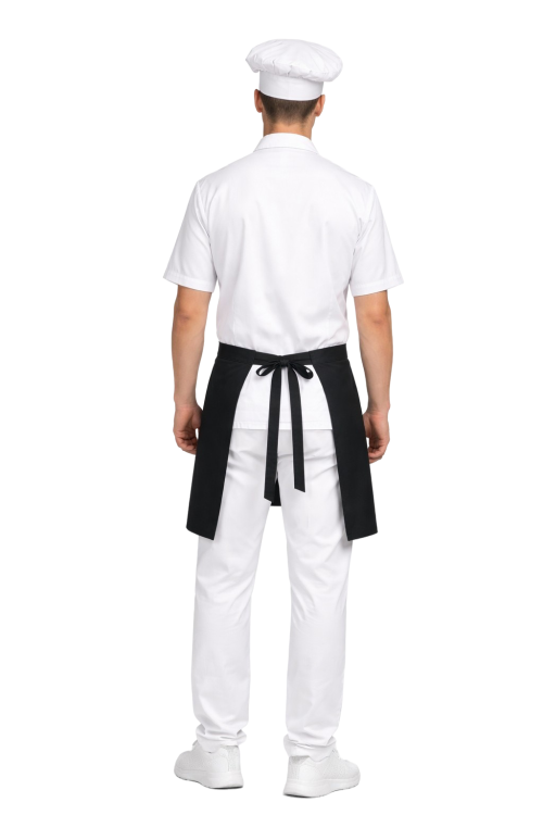 Profesjonalny uniform gastronomiczny – zestaw dla kucharza w kolorze białym ,długi rekaw ,zapinany na guziki,czarna  zapaska
