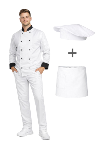 Uniform kucharza z długim rękawem  bluza z czarnymi wstawkami  zapaska w kolorze białym– zestaw gastronomiczny