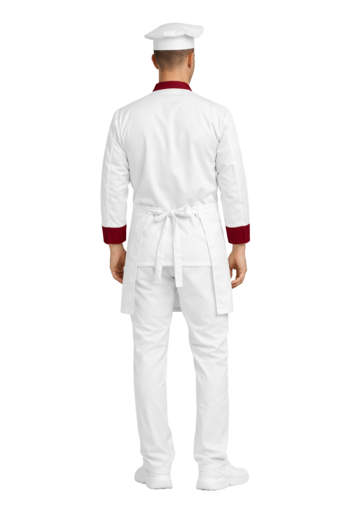 Zestaw gastronomiczny męski  z długim rękawem  bluza z bordowymi wstawkami  zapaska w kolorze białym.png