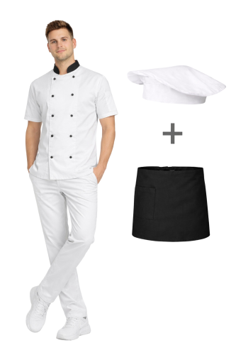 Uniform kucharza z krótkim rękawem – zestaw gastronomiczny czarne wstawki ,czarna zapaska