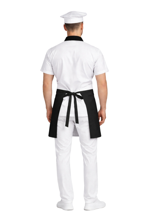 Zestaw kucharza idealny do szkoły  z krótkim rękawem – uniform z czarnymi wstawkami  i czarna  zapaską.png