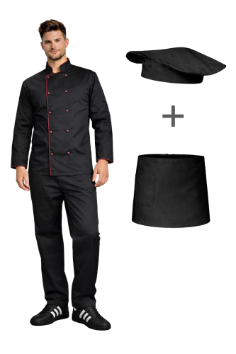 Zestaw gastronomiczny dla szefa kuchni,ucznia czarny  z bordową  lamówką i czarną zapaską