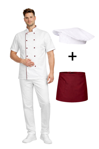 Zestaw gastronomiczny krótki rękaw dla szefa kuchni,ucznia biały  z bordową  lamówką i bordową  zapaską