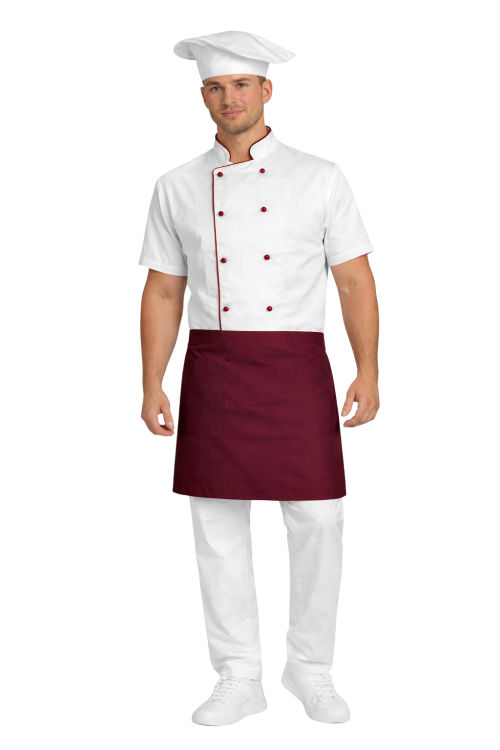 Gastronomiczny zestaw kucharza z krótkim rekawem  – uniform szkolny biały z bordową  lamówką i bordową   zapaską