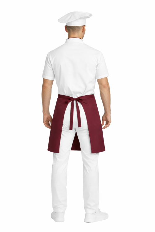 Zestaw kucharza  z krótkim  rękawem– uniform szkolny biały z bordową  lamówką i bordową  zapaską