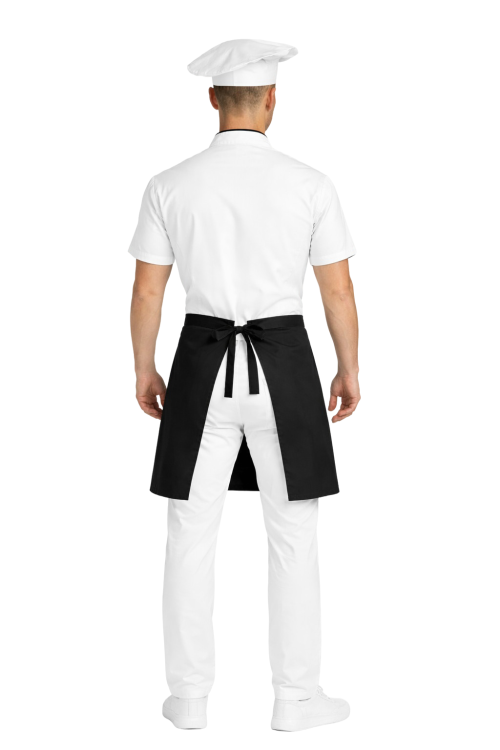 Zestaw kucharza  z krótkim  rękawem– uniform szkolny biały z czarną  lamówką i czarną   zapaską.png