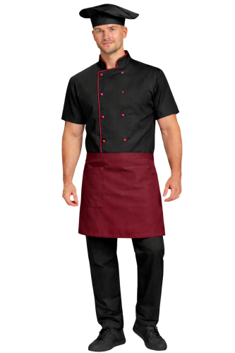 Gastronomiczny zestaw kucharza z krótkim rekawem  – uniform szkolny czarny  z bordową  lamówką i bordową   zapaską