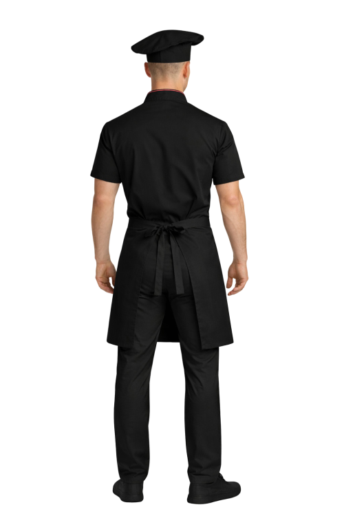 Zestaw kucharza  z krótkim  rękawem– uniform szkolny czarny z bordową   lamówką i czarną   zapaską.png