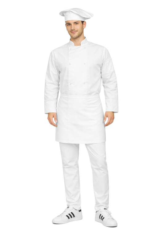 Zestaw kucharza  z długim rękawem– uniform szkolny biały z białą czapką oraz fartuszkiem