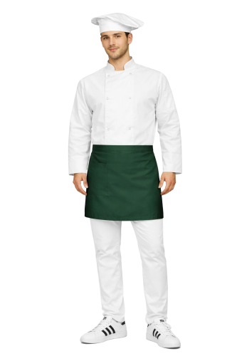 Zestaw kucharza  z długim rękawem– uniform szkolny biały z białą czapką oraz zielonym fartuszkiem.png