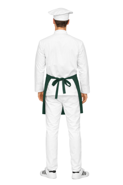 Zestaw kucharza męski   z długim rękawem– uniform szkolny biały z białą czapką oraz zielonym fartuszkiem