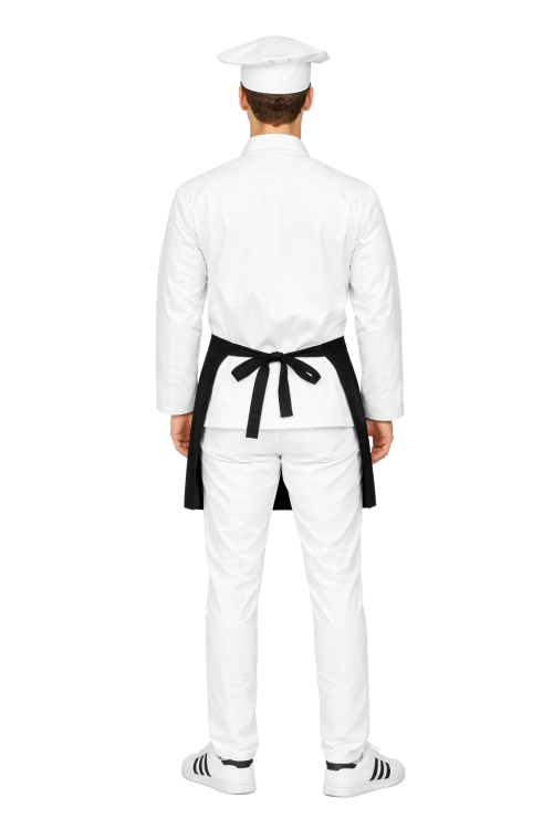 Zestaw kucharza męski   z długim rękawem– uniform szkolny biały z białą czapką oraz czarnym fartuszkiem.png