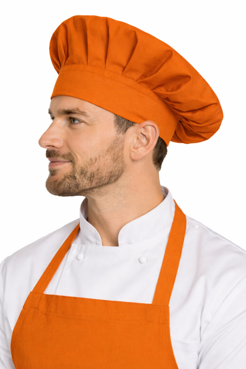 Czapka kucharska szefa kuchni unisex pomarańczowa widok z boku.png