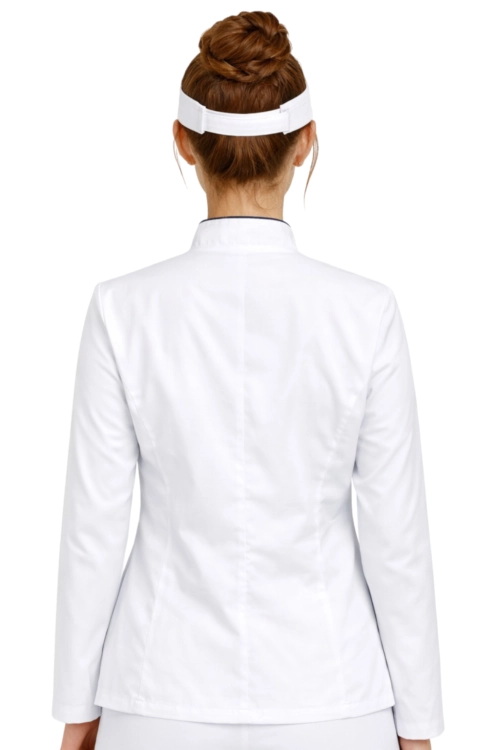 BLUZA KUCHARSKA NA ZATRZASKI Z GRANATOWĄ LAMÓWKĄ I DŁUGIM RĘKAWEM.png