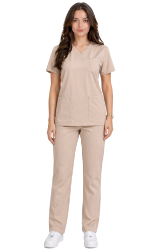 Damski komplet medyczny Casual  PREMIUM w kolorze beżowym ,spodnie proste klasyczne.png