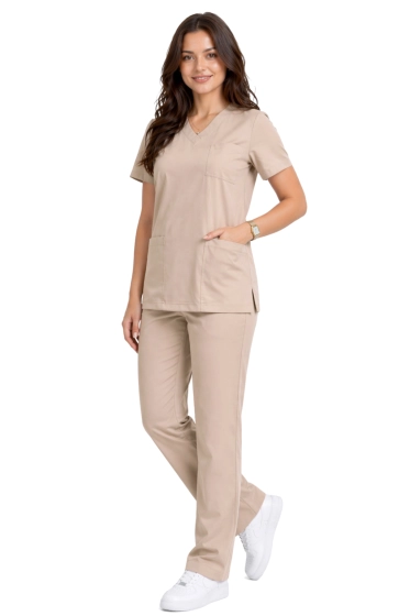 Klasični ženski medicinski komplet jednostavnog kroja u bež boji - scrubs CASUAL PREMIUM