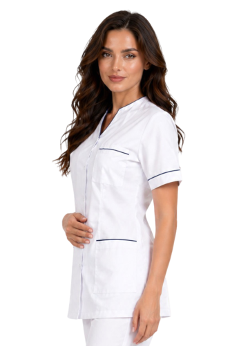 Damski żakiet kosmetyczny biały z granatową lamówką