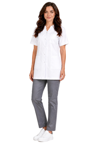 Komplet medyczny damski PHARMACY COMFORT  biały z białą lamówką i szarymi spodniami