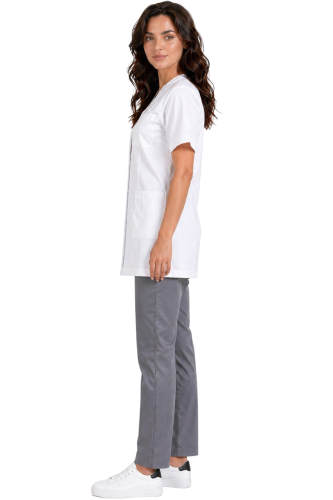 PHARMACY COMFORT komplet medyczny damski biały  z białą lamówką i szarymi spodniami