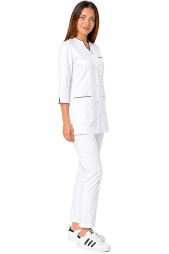 Uniform  medyczny damski 3/4 rękaw biały żakiet   z granatową lamówką i białymi spodniami