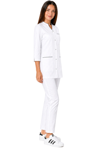 Damski komplet medyczny  żakietem z 3/4 rękawem  z szarą  lamówką i białymi spodniami