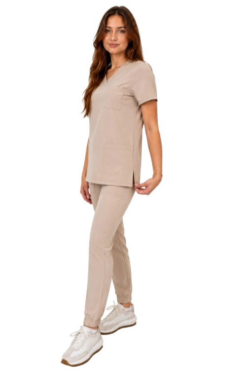 Beżowy  komplet medyczny damski – scrubs CASUAL PREMIUM-bok.png