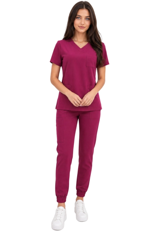 Komplet medyczny damski wiśniowy  – scrubs CASUAL PREMIUM-przód.png