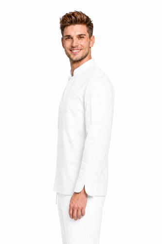 Bluza-kucharska-meska-zakryte-zatrzaski-dwie-kieszenie-elastyczna-kolor-bialy-wygodna-widok-z-boku.png